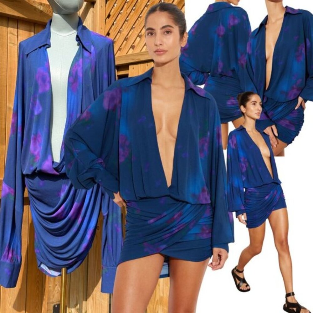 🆕 RAT & BOA 🧿 NWOT Volana Blue and Purple Floral Printed Cowl Neck Mini, Sz XL